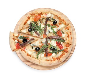 Tasty pizza with anchovies, arugula and olives isolated on white, top view