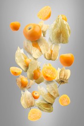 Ripe orange physalis fruits with calyx falling on grey gradient background