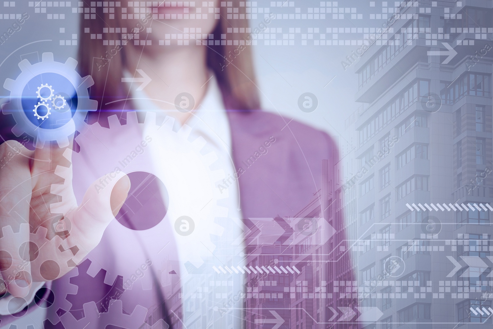 Image of Businesswoman touching illustration of gear mechanism on virtual screen, closeup