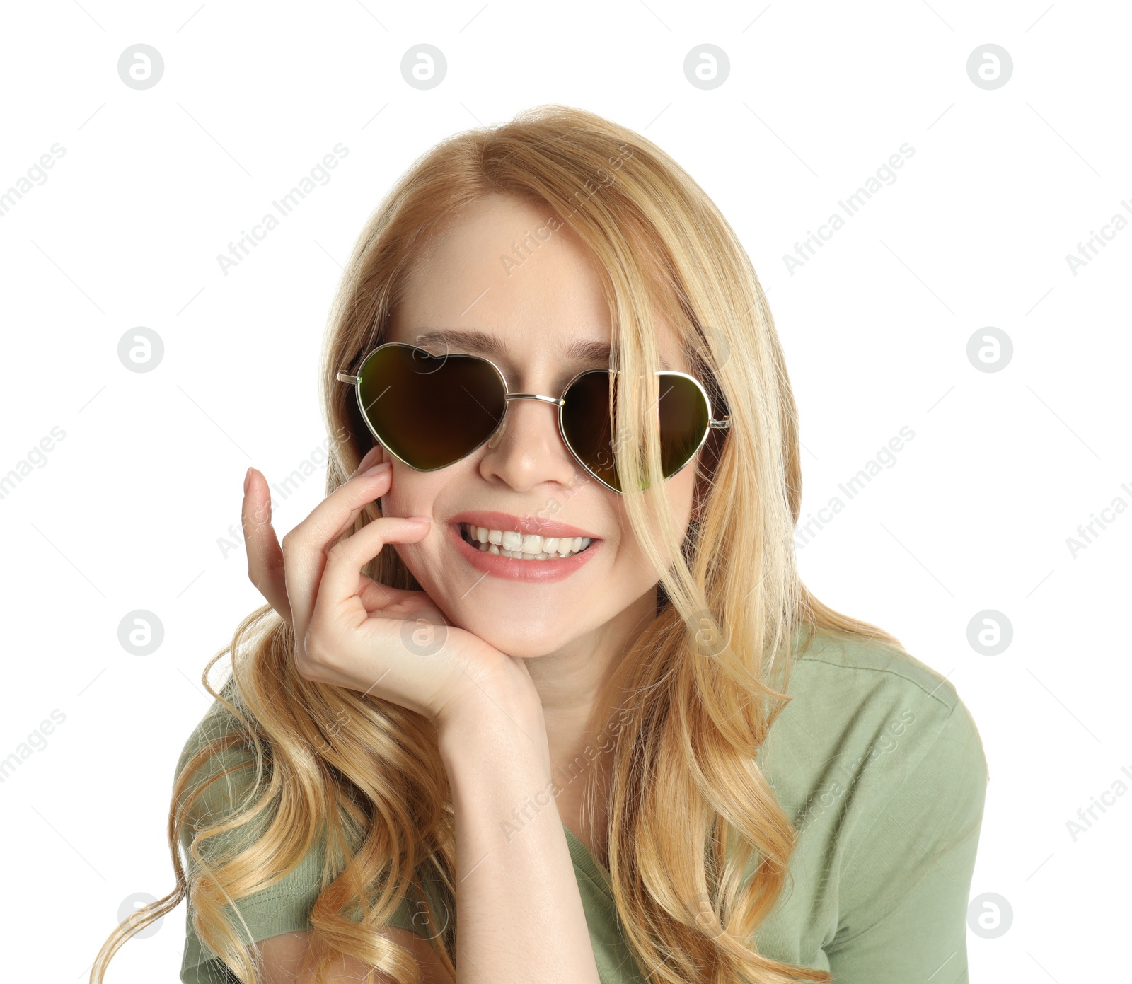 Photo of Portrait of beautiful young woman with dyed long hair on white background