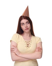Sad woman in party hat on white background