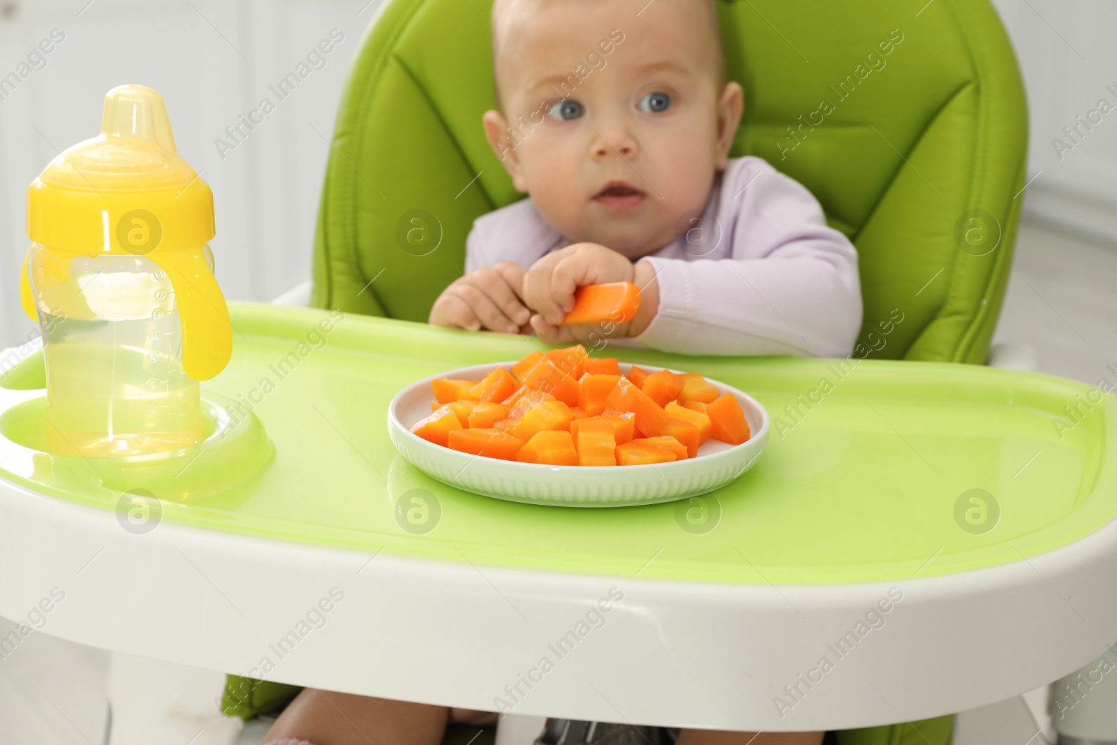 Photo of Cute little baby eating carrot at home, focus on plate