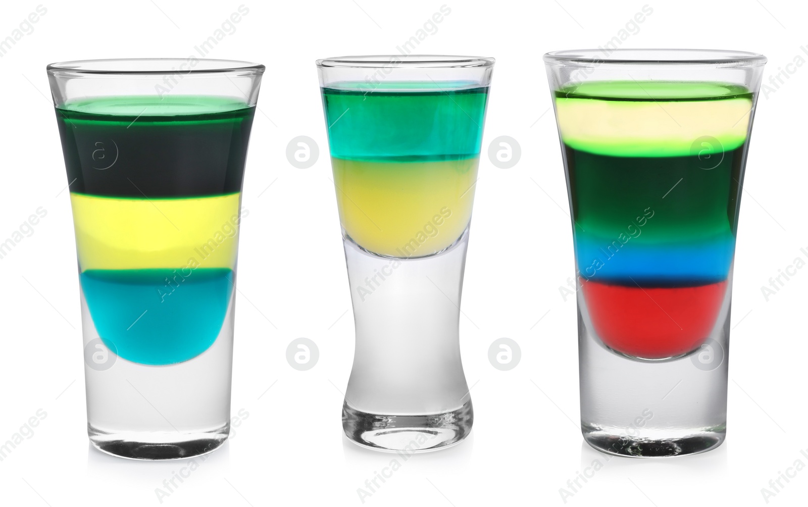 Image of Different shooters in shot glasses isolated on white, set