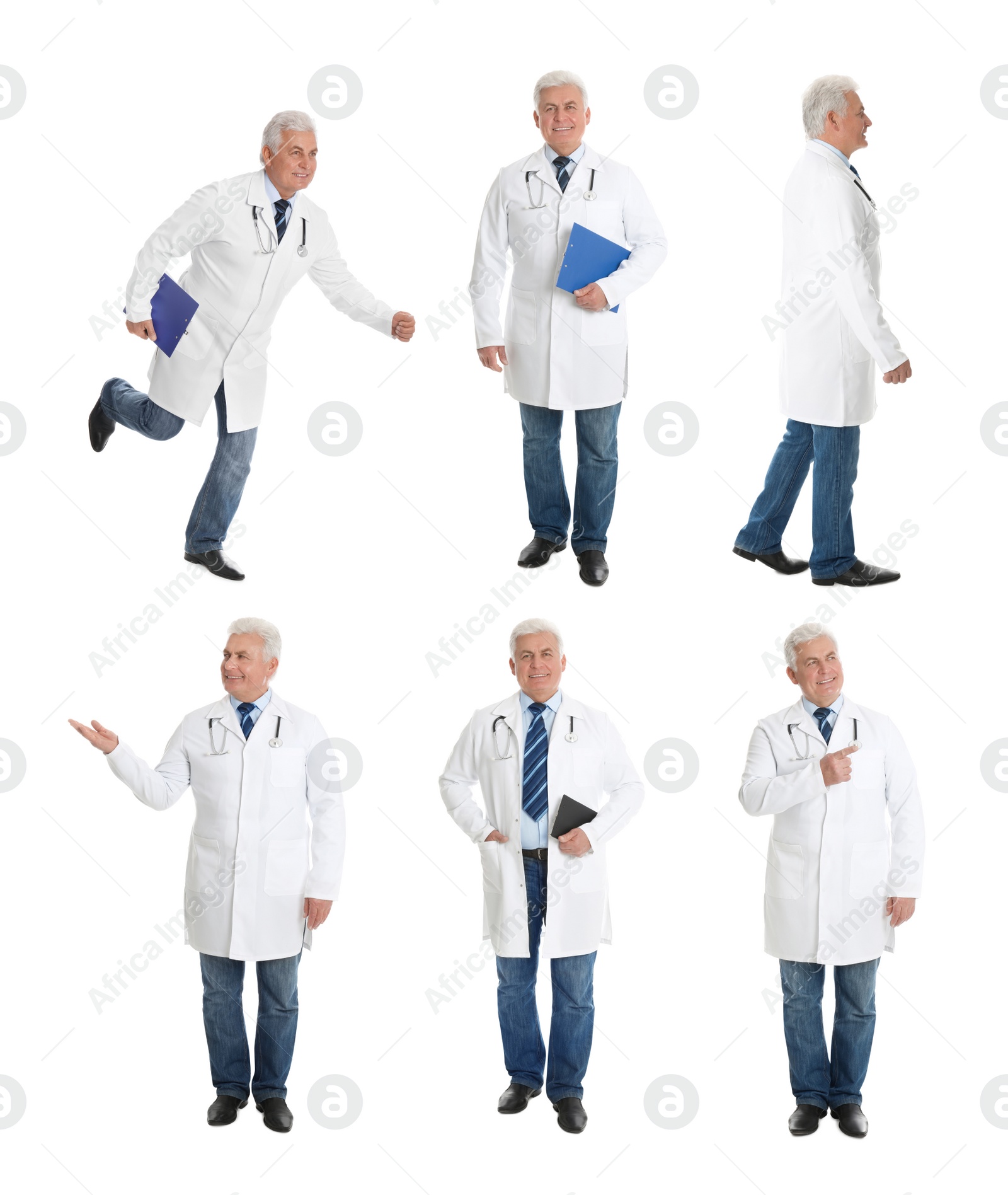 Image of Collage with photos of senior doctor on white background 