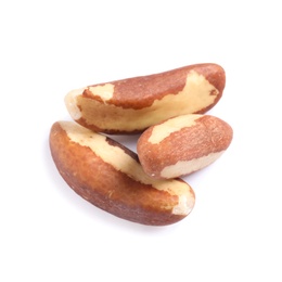 Photo of Delicious Brazil nuts on white background. Healthy snack