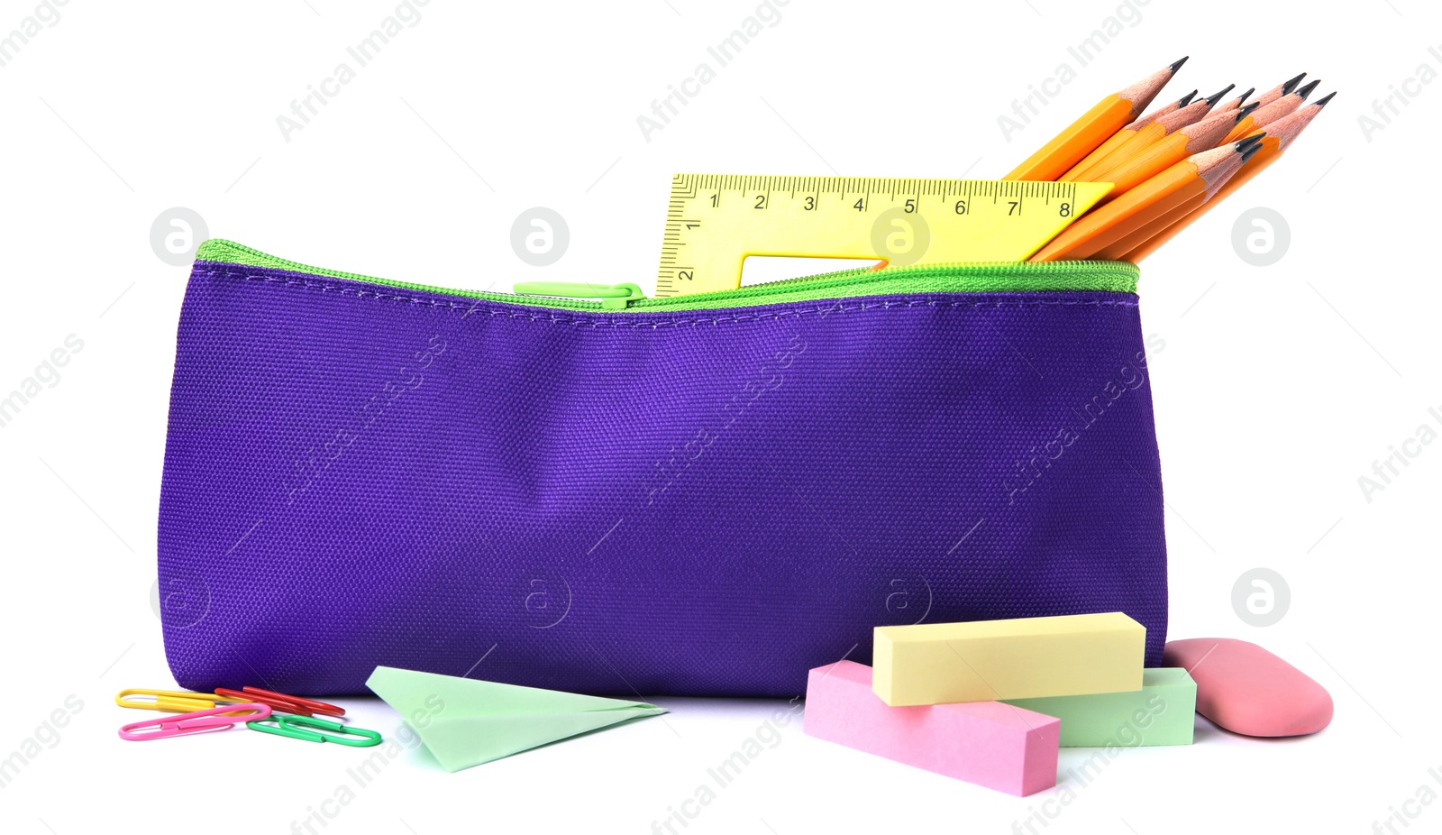 Photo of Pencil case with different school stationery on white background