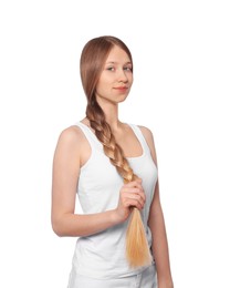 Photo of Teenage girl with strong healthy braided hair on white background