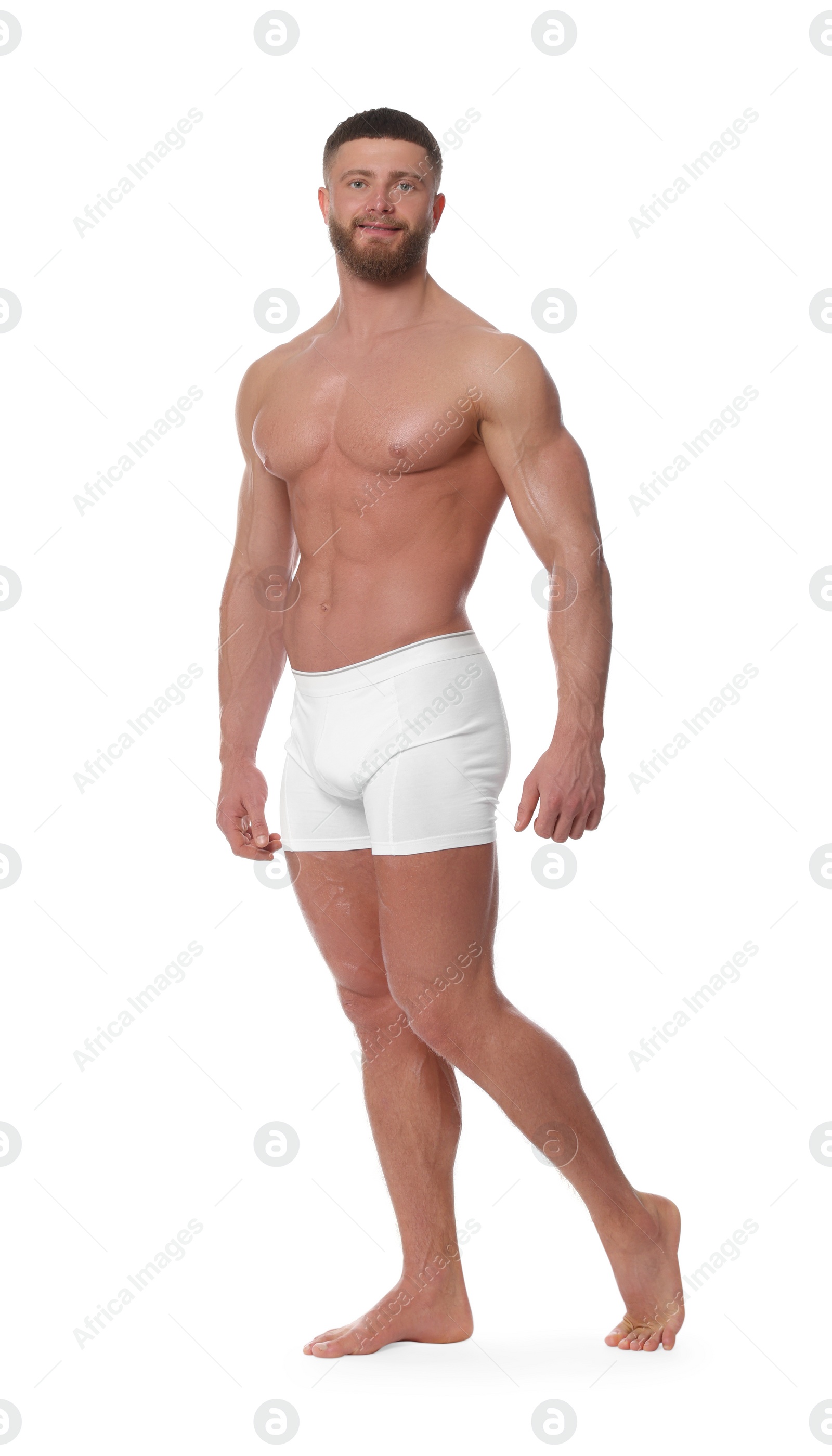 Photo of Young man is stylish underwear on white background