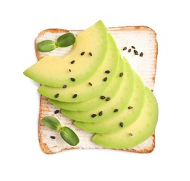 Photo of Delicious toast with cream cheese, avocado and black sesame seeds isolated on white, top view