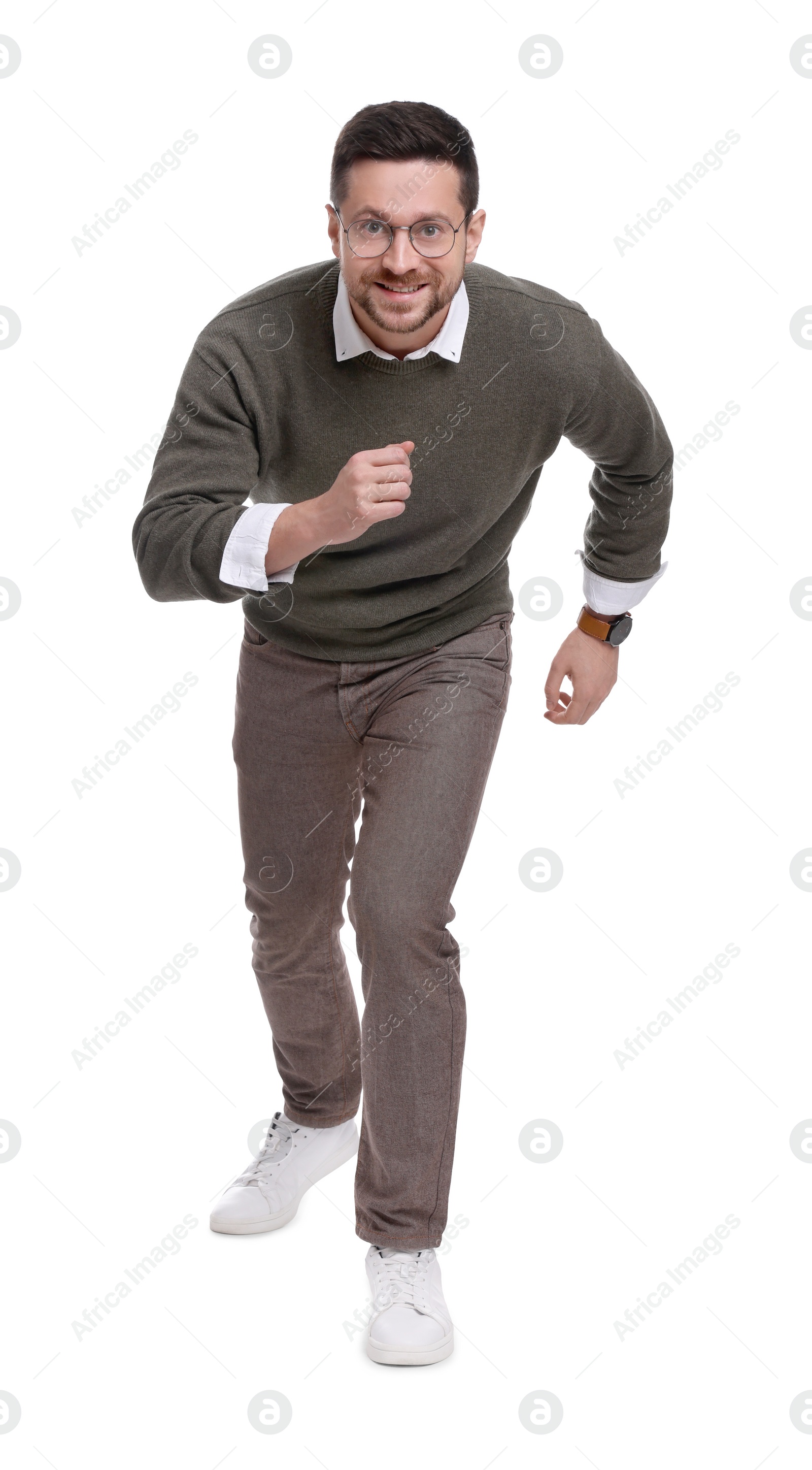 Photo of Handsome bearded businessman in eyeglasses on white background