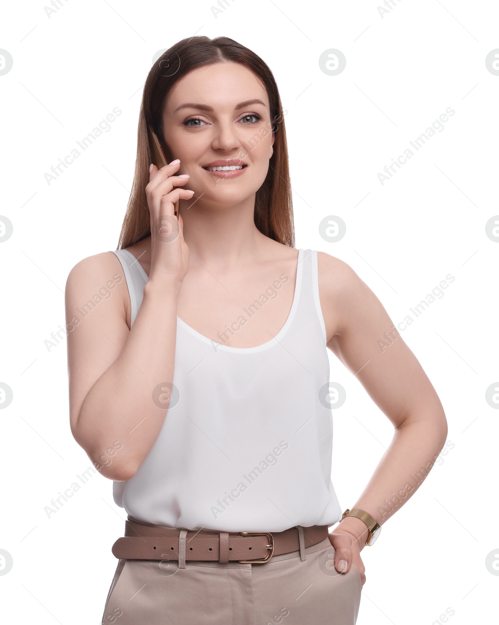 Photo of Beautiful businesswoman talking on smartphone against white background