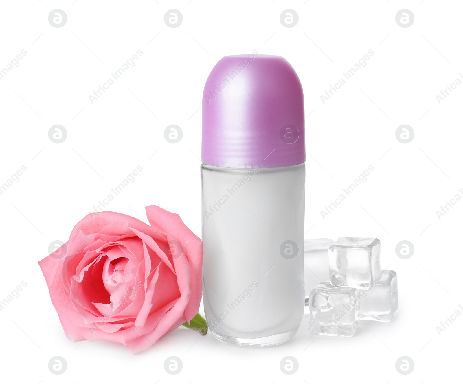 Photo of Natural female roll-on deodorant with rose and ice on white background