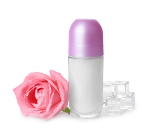 Photo of Natural female roll-on deodorant with rose and ice on white background