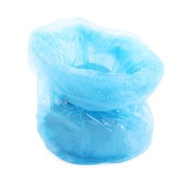 Photo of Blue plastic garbage bag isolated on white