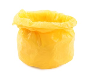 Photo of Yellow plastic garbage bag isolated on white