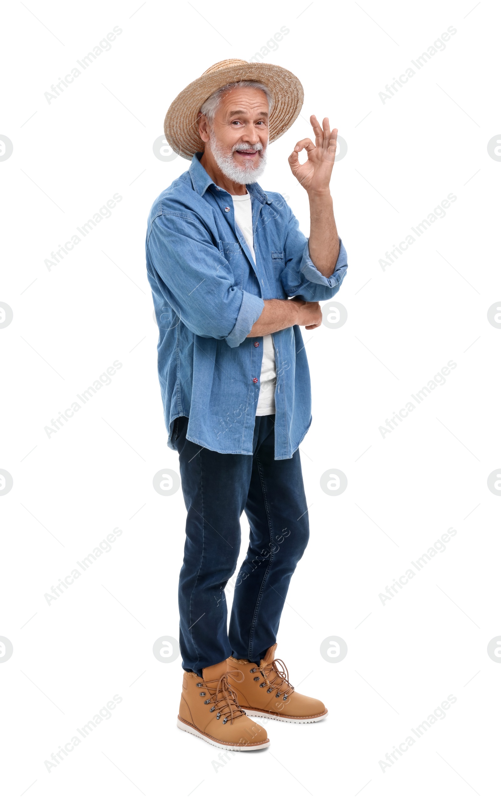 Photo of Farmer showing ok gesture on white background. Harvesting season