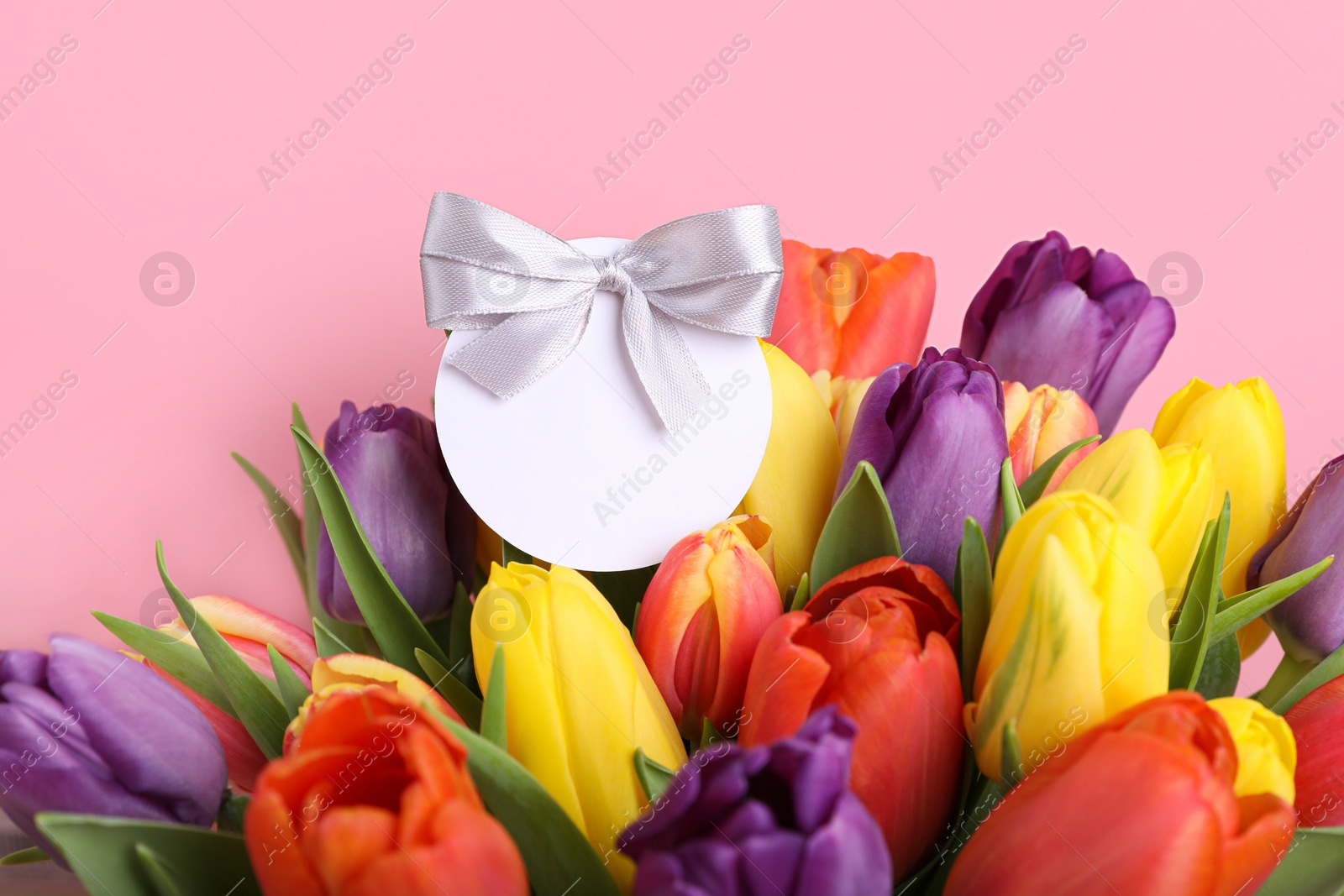 Photo of Bouquet of beautiful colorful tulips with blank card on pink background, closeup. Birthday celebration