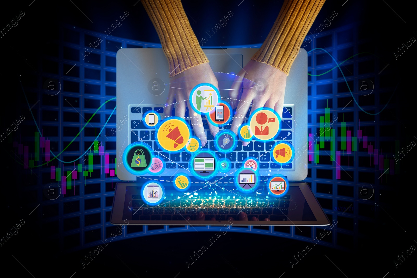 Image of Marketing concept. Woman working with laptop, top view. Many different icons over device and graphs