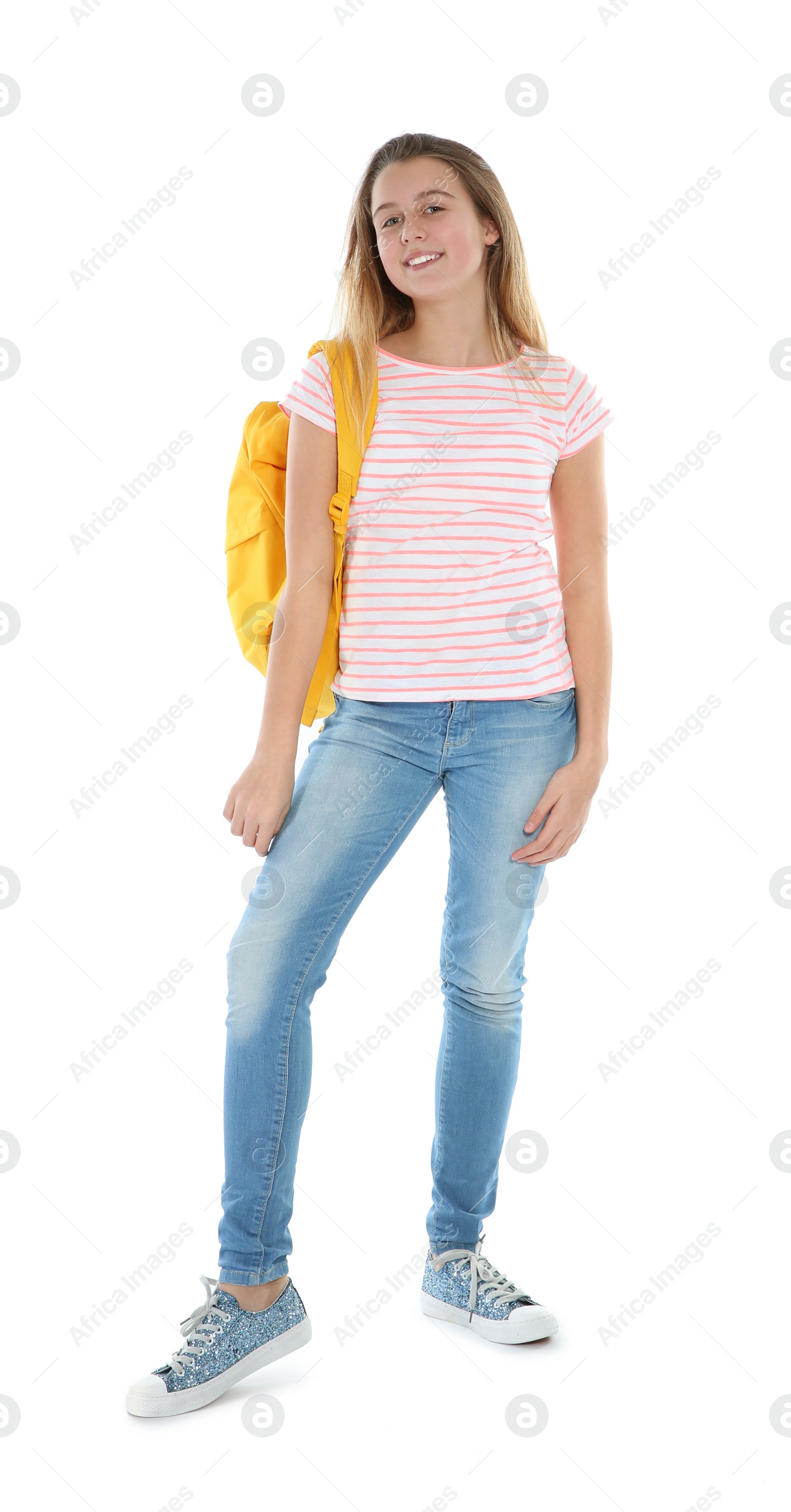 Photo of Teenager girl in casual clothes on white background