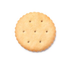 Photo of One crispy cracker isolated on white, top view. Delicious snack