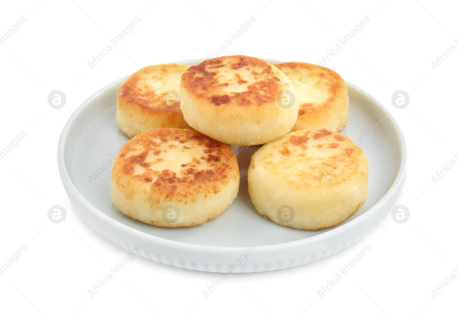 Photo of Delicious cottage cheese pancakes on white background