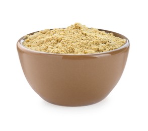 Photo of Aromatic mustard powder in bowl on white background