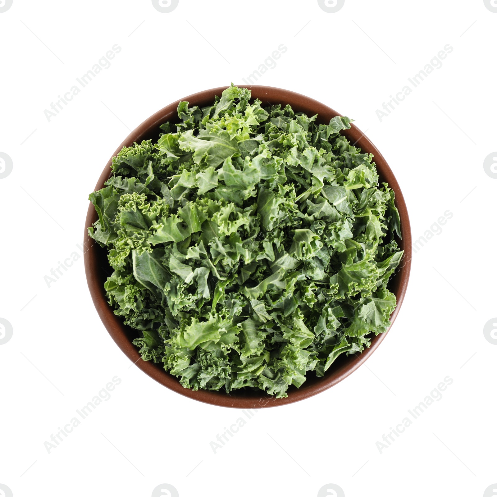 Photo of Fresh green kale leaves isolated on white, top view