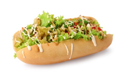 Photo of One tasty hot dog with chili, lettuce, pickles and sauces isolated on white