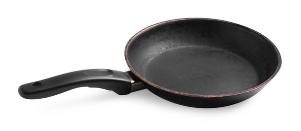 Photo of Dirty old non-stick frying pan on white background
