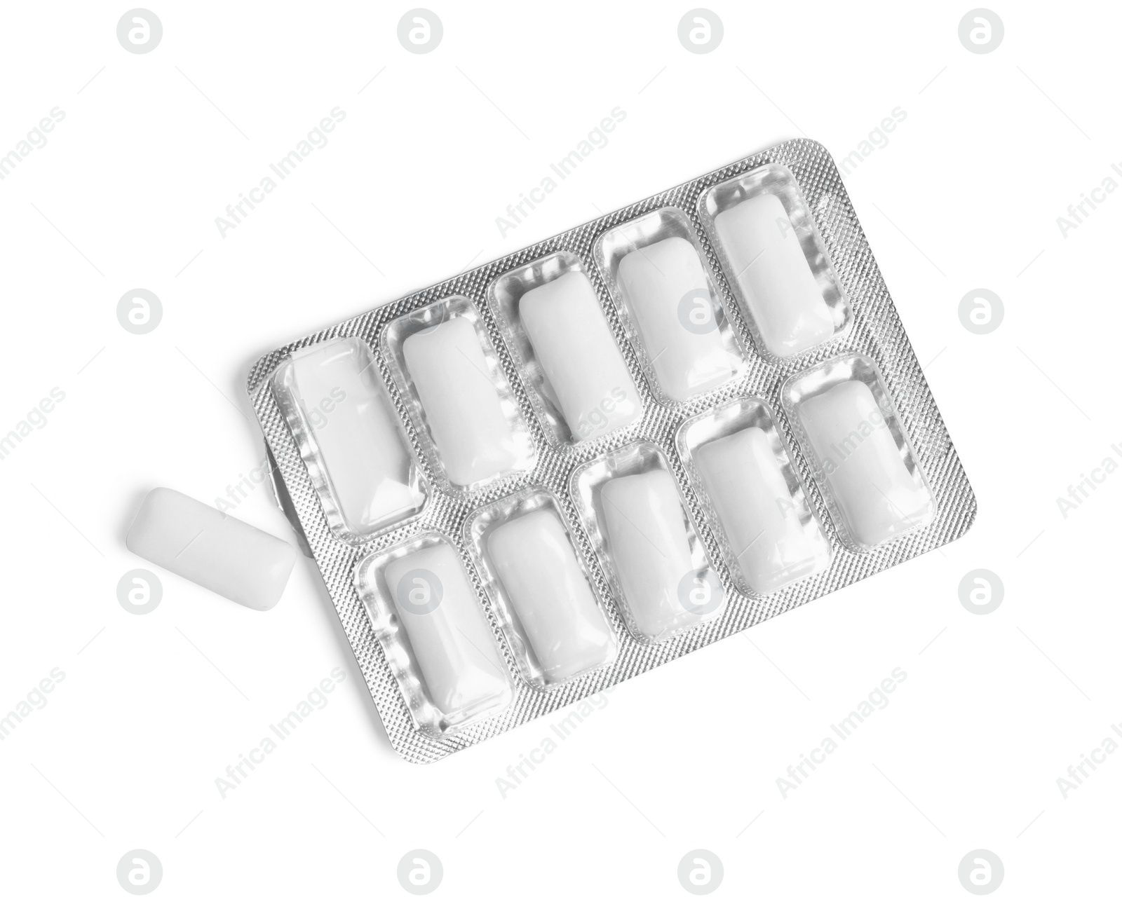 Photo of Blister of chewing gums isolated on white, top view