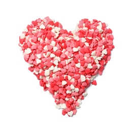 Photo of Heart made of sweet candies on white background, top view