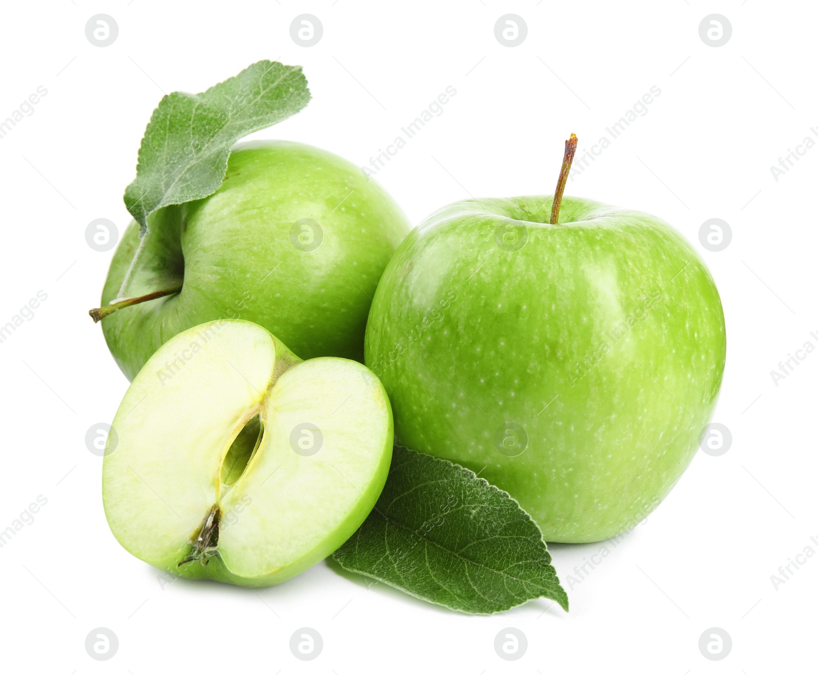 Photo of Fresh ripe green apples with leaves on white background