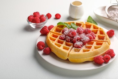 Photo of Tasty Belgian waffle with fresh raspberries, powdered sugar and mint on white table, space for text