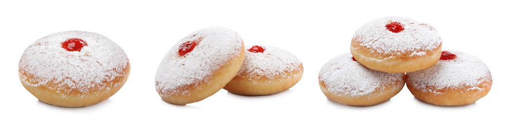 Image of Delicious donuts with jelly and powdered sugar on white background, collage. Banner design