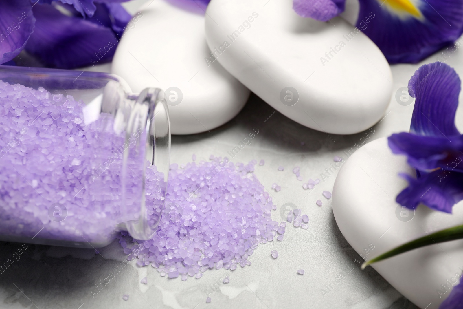 Photo of Jar with purple sea salt, spa stones and beautiful flowers on grey marble table, closeup