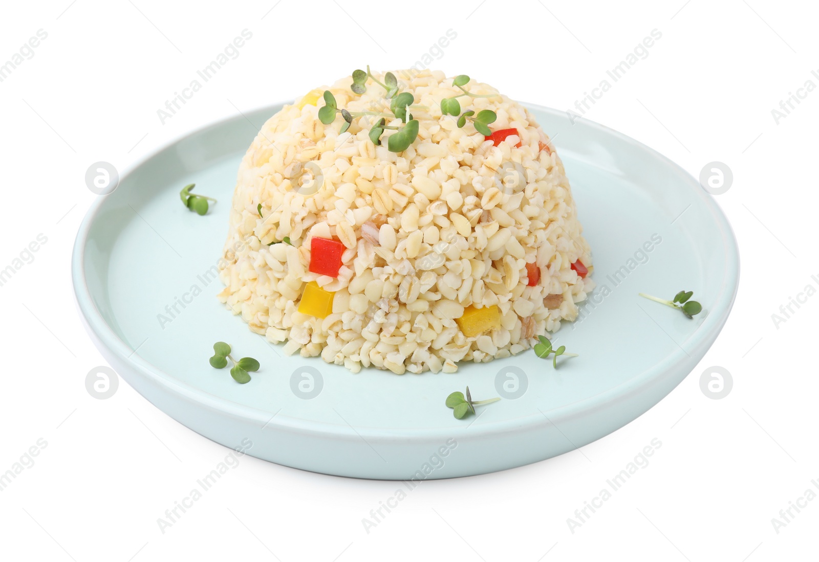 Photo of Delicious bulgur with vegetables and microgreens isolated on white