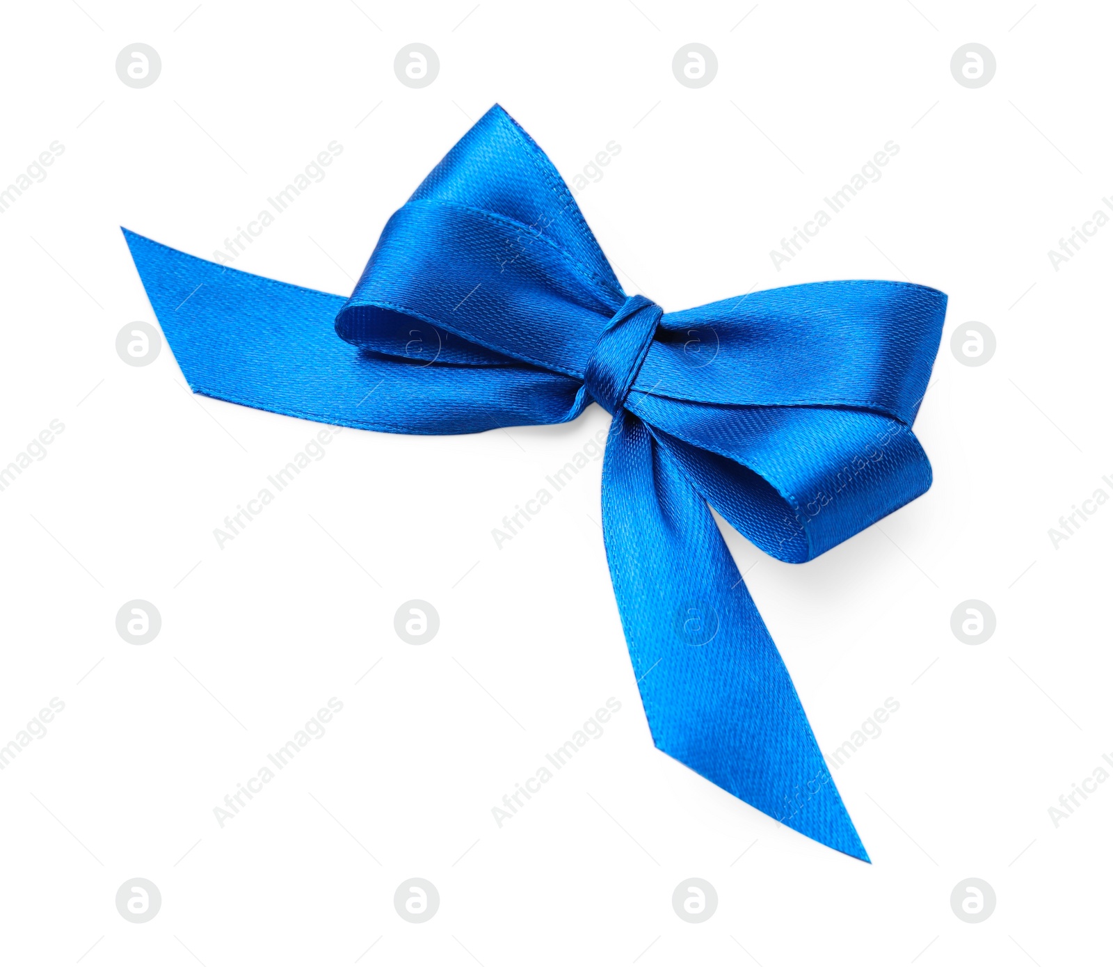 Photo of Blue satin ribbon bow on white background