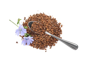 Photo of Pile of chicory granules and flowers on white background, top view