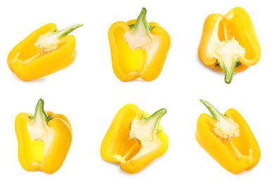 Set of fresh cut yellow bell peppers isolated on white