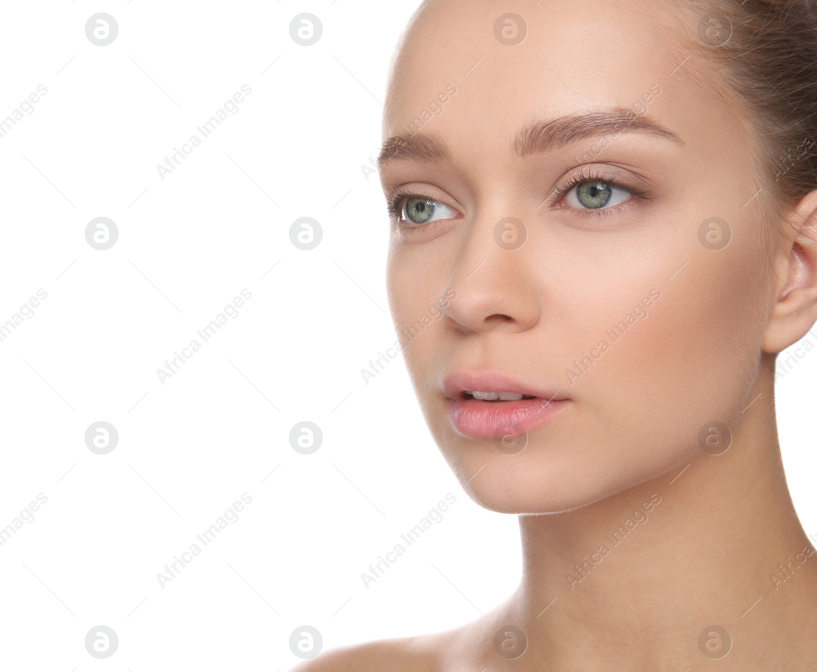Photo of Portrait of young woman on white background. Space for text