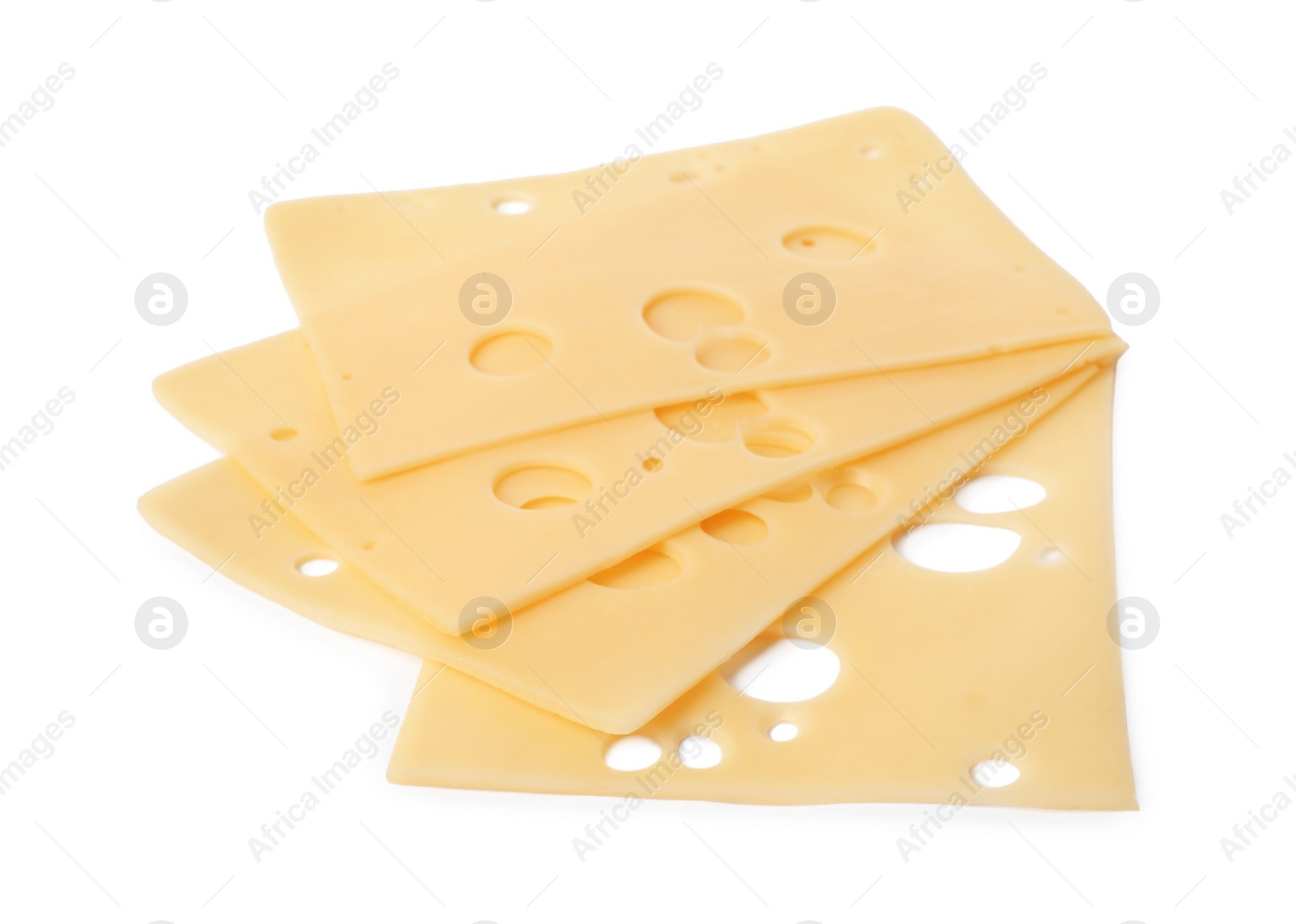 Photo of Slices of tasty fresh cheese isolated on white