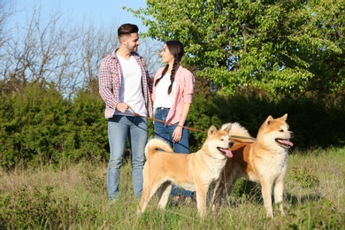 Photo of Owners walking their adorable Akita Inu dogs in park