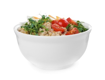 Photo of Tasty boiled oatmeal with egg and tomatoes isolated on white