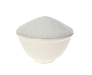 Photo of Bowl with natural salt isolated on white