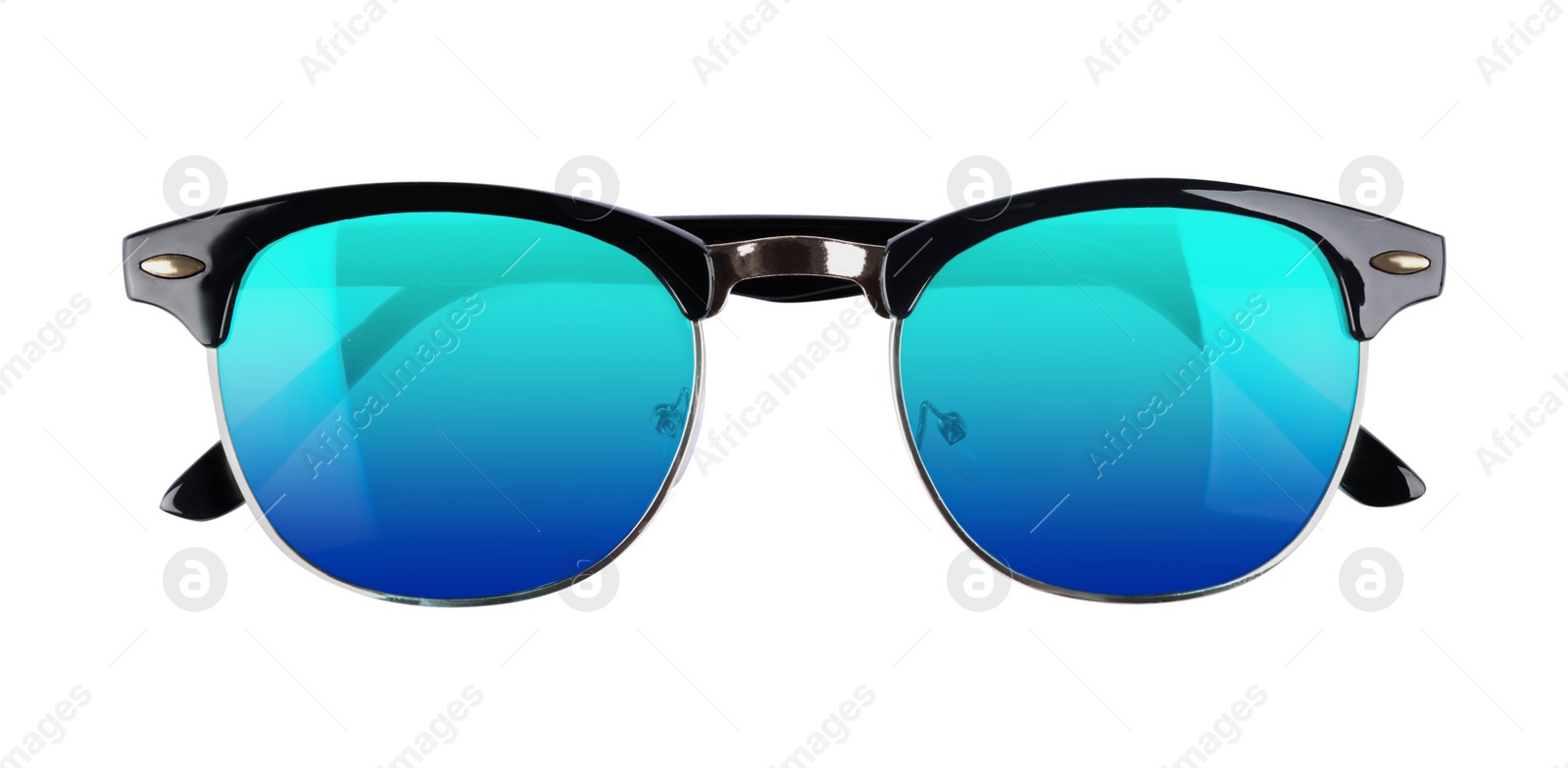 Image of New stylish sunglasses with light blue lenses on white background, top view