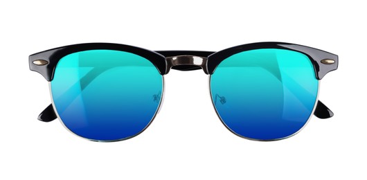 Image of New stylish sunglasses with light blue lenses on white background, top view