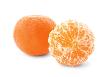 Photo of Whole fresh ripe tangerines on white background