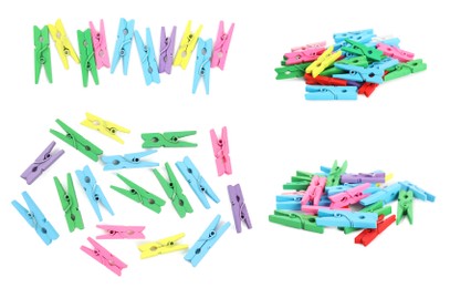 Set with bright wooden clothespins on white background