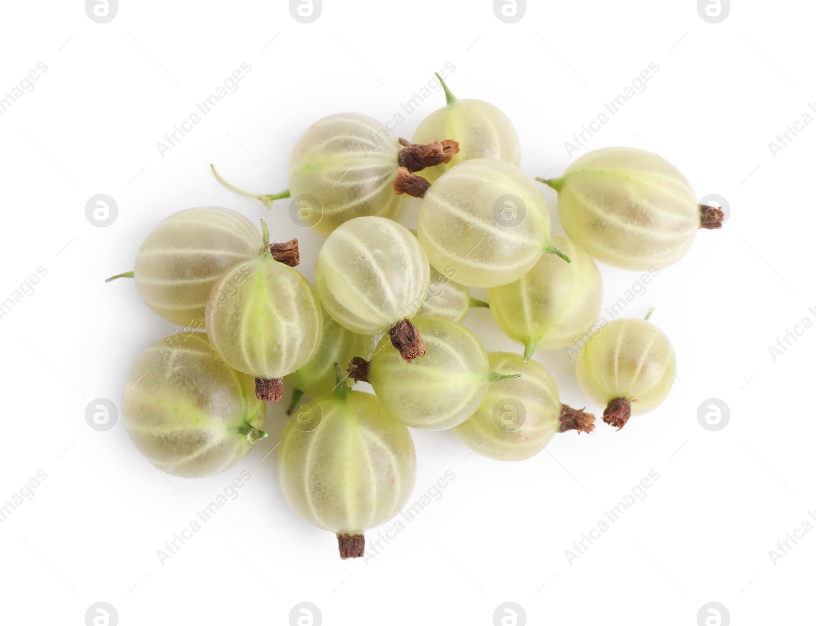 Photo of Pile of fresh ripe gooseberries on white background, top view