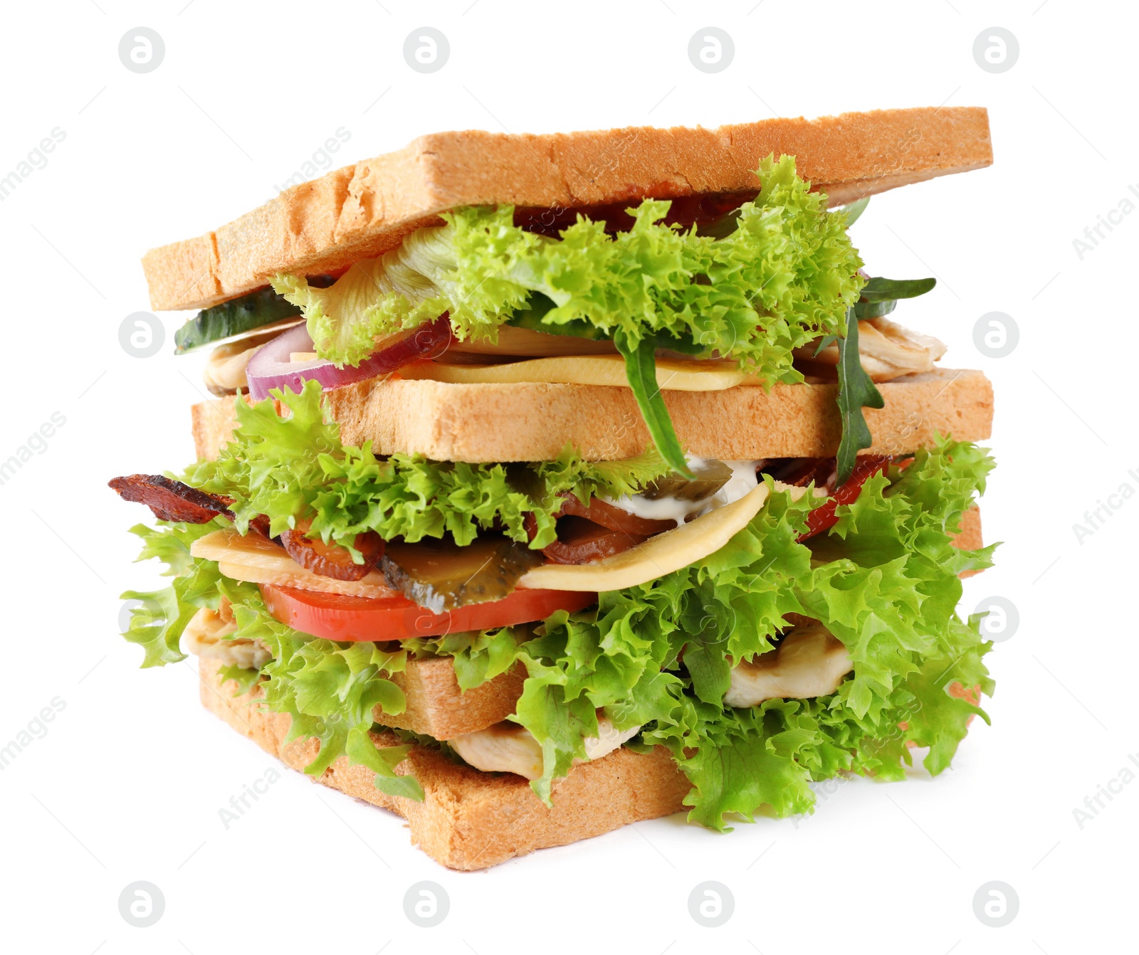 Photo of Yummy sandwich with chicken isolated on white